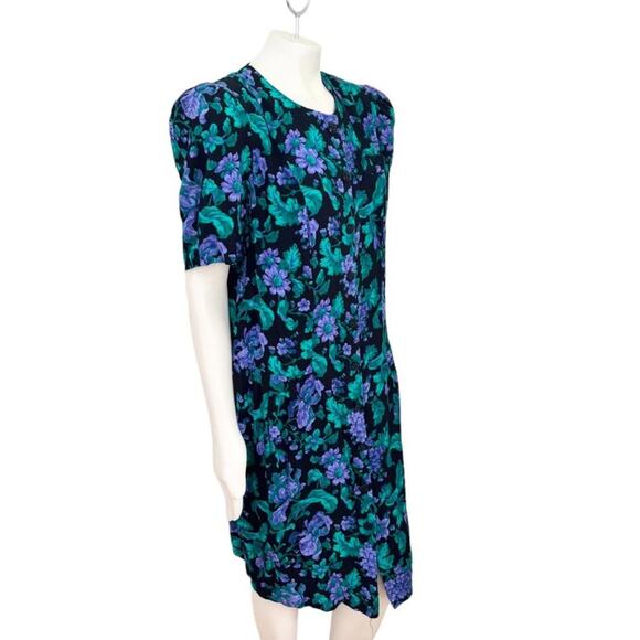 VTG 80s ADRIAN JORDAN Black Floral Button Front Sheath Dress SZ 14 - Picture 6 of 13